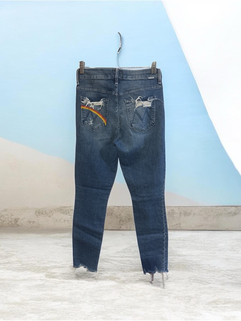 MOTHER  Women’s Distressed Dark Blue Jeans with Rainbow Back Pocket